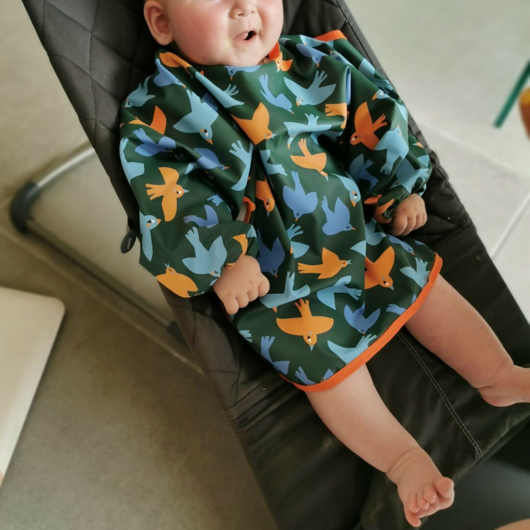 Tablier imperméable bébé – Manches longues – Anti-taches – Motif oiseaux
