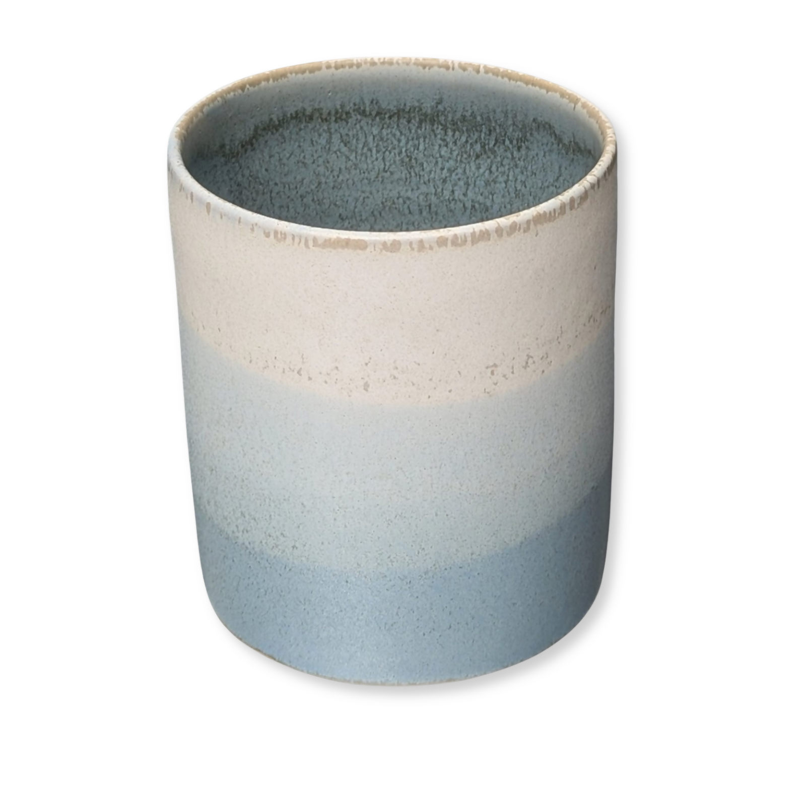 pot en grès céramique artisanale, émaillé en dégradé de bleu et blanc