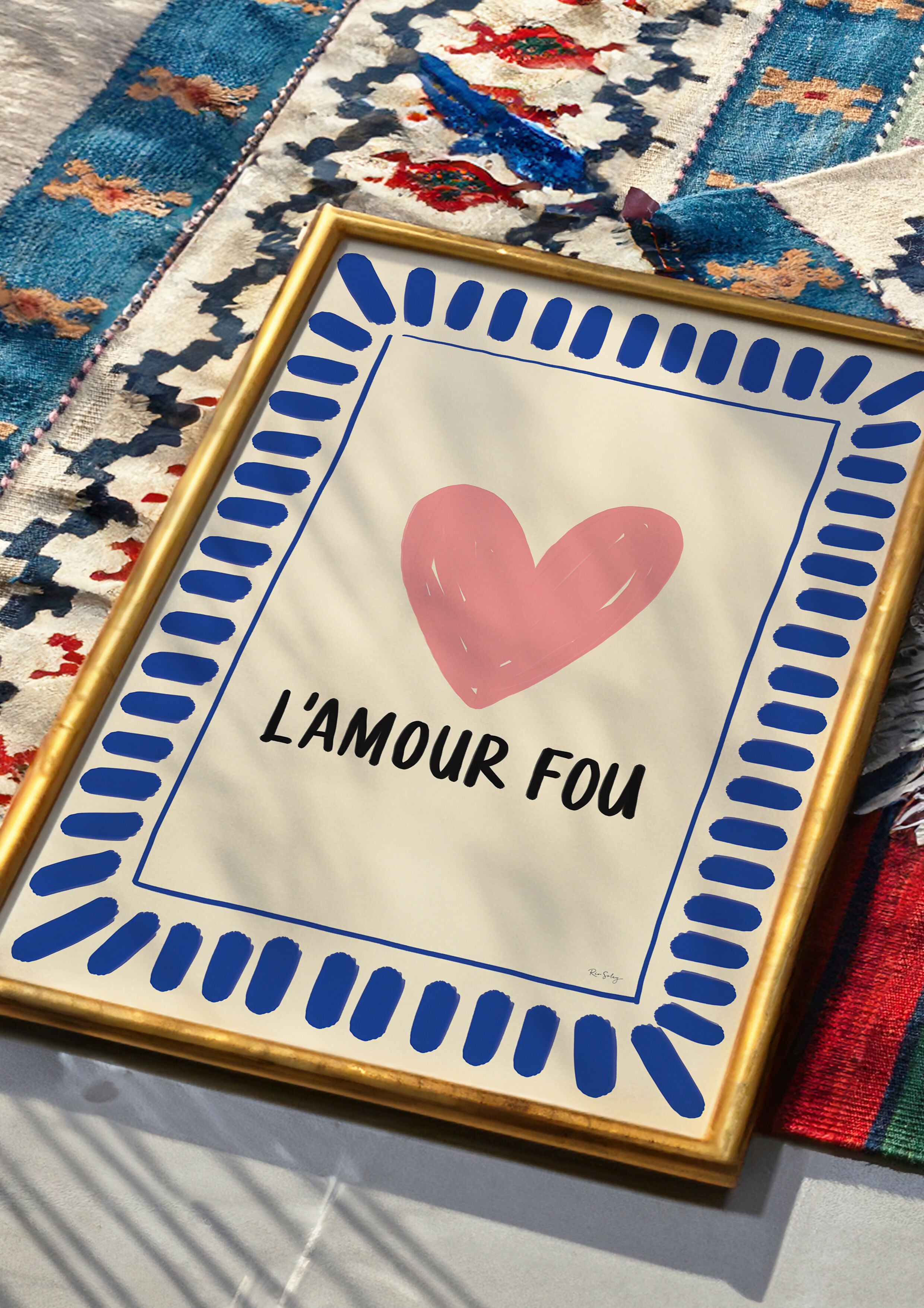 Affiche « L’Amour Fou » — Poster cœur coloré, illustration love, déco dopamine (bleu/rose)