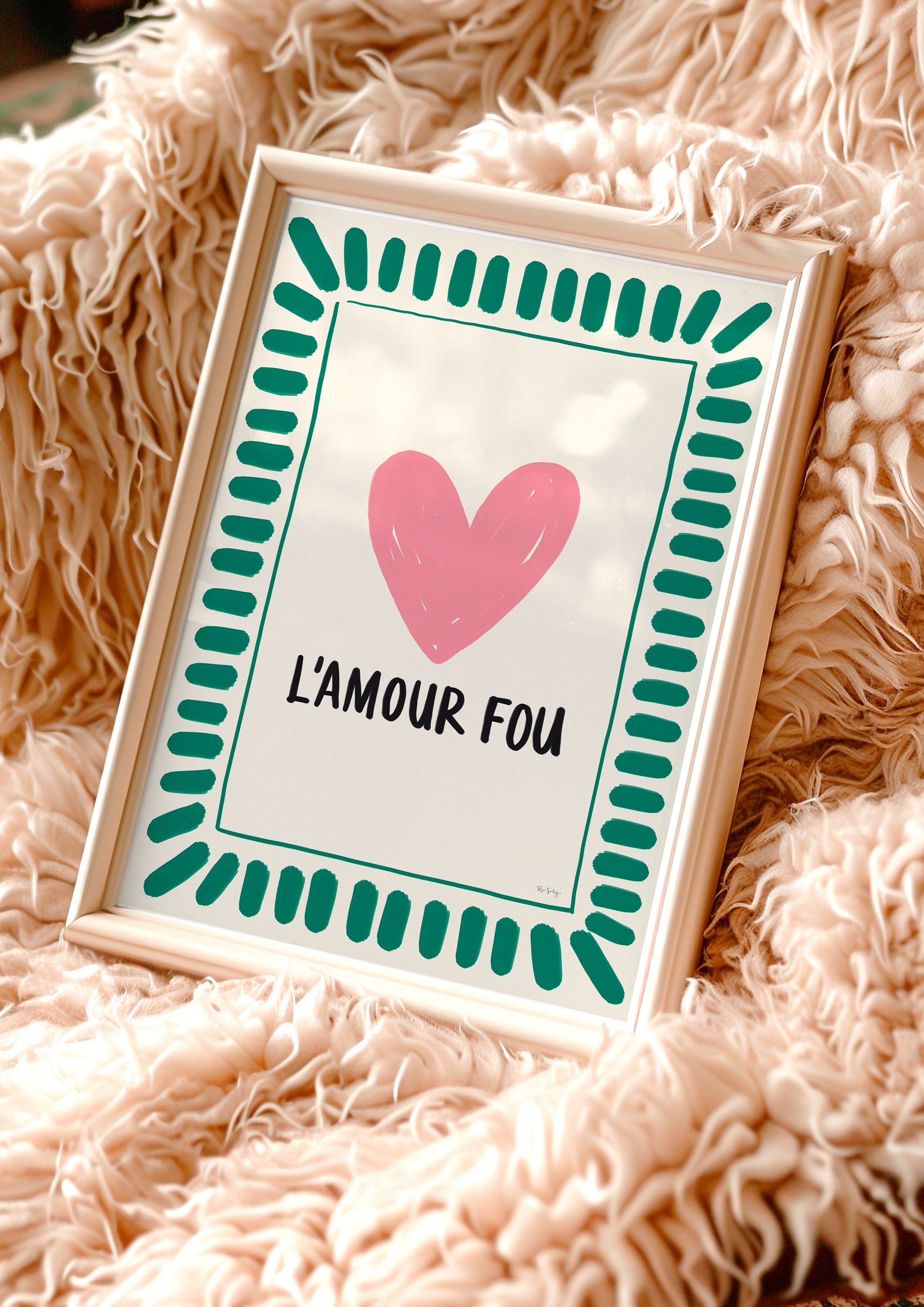 Affiche « L’Amour Fou » — Poster cœur coloré, illustration love, déco dopamine (vert/rose)