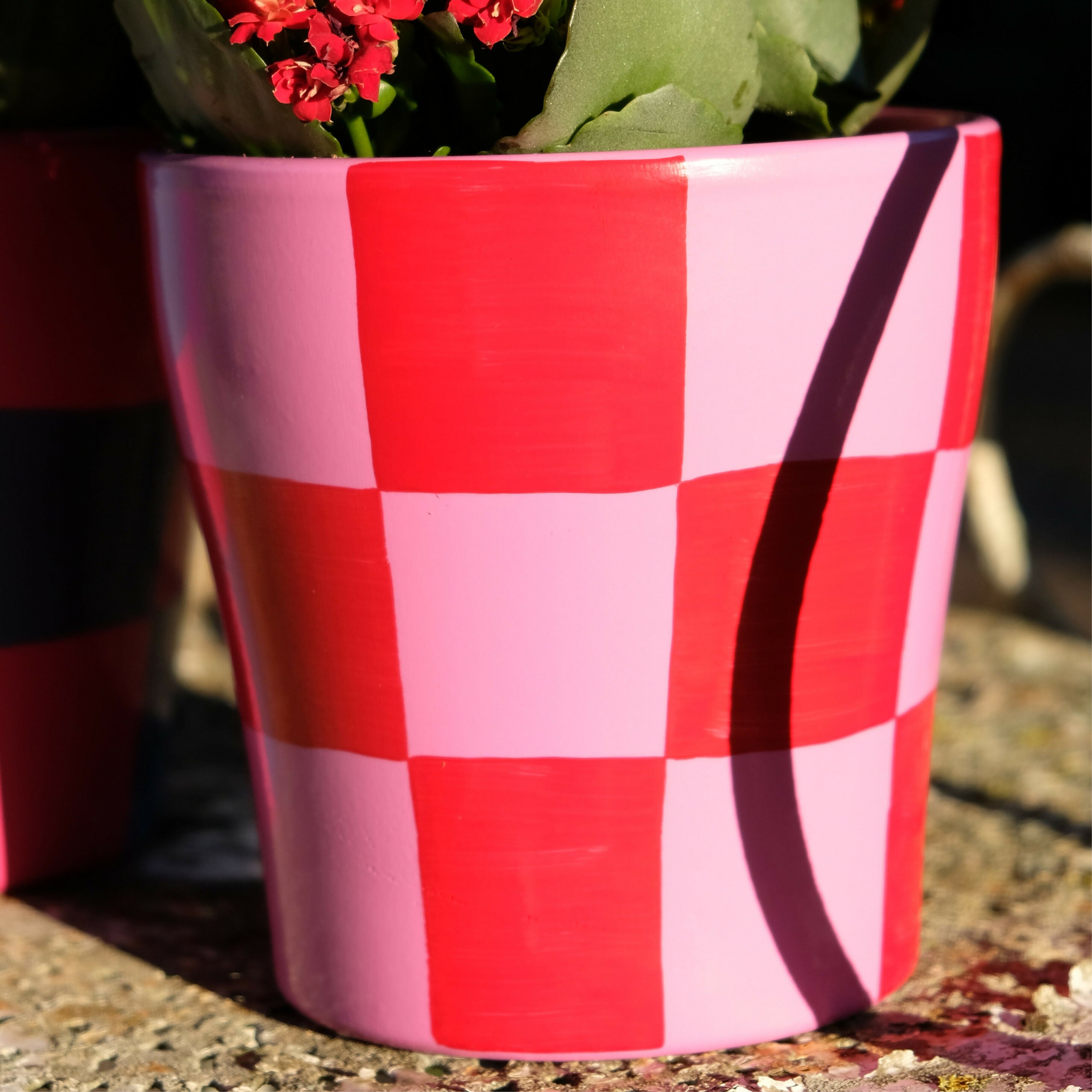 Pot de fleurs/cache pot à motif damier rose et rouge