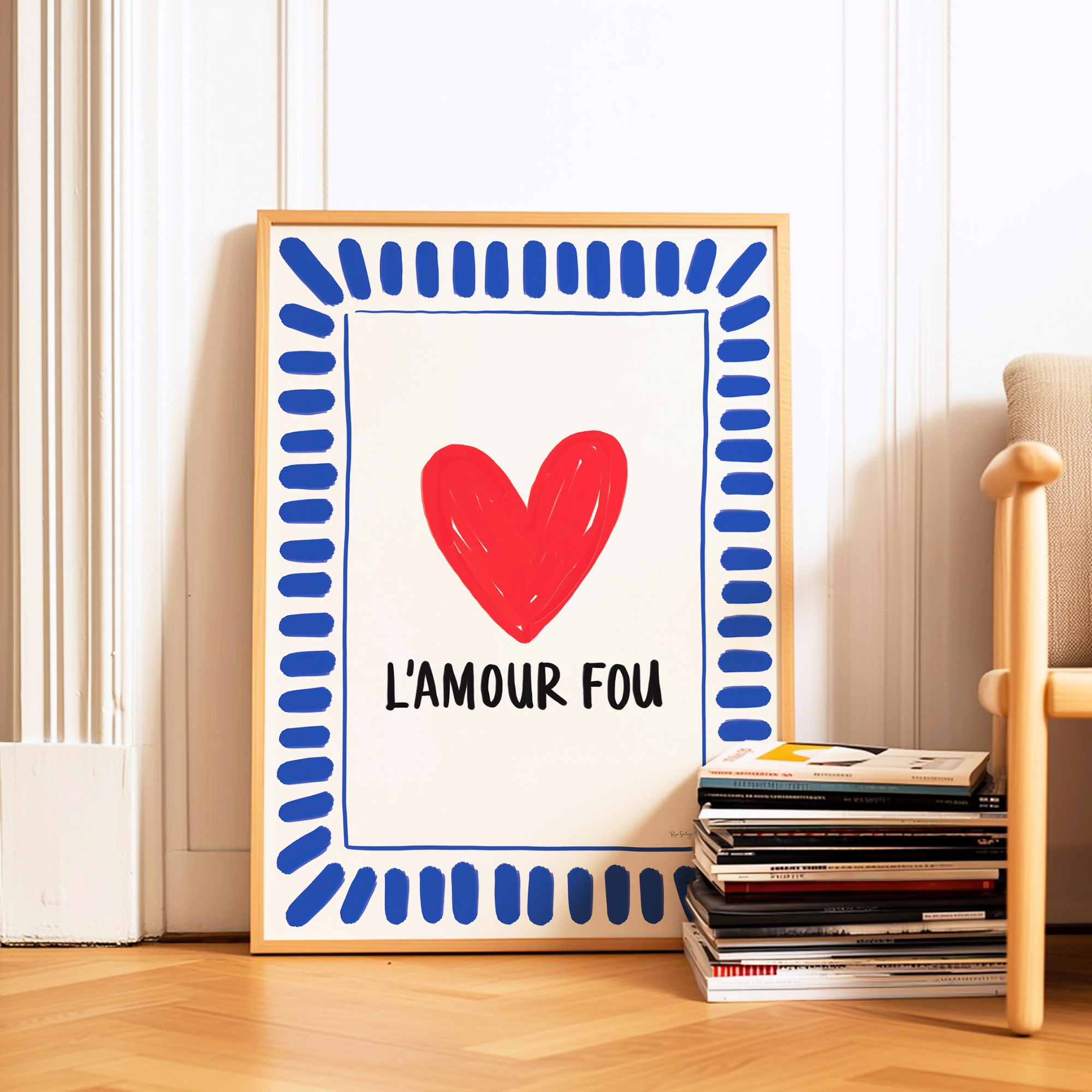 Affiche « L’Amour Fou » — Poster cœur coloré, illustration love, déco dopamine (bleu/rouge)