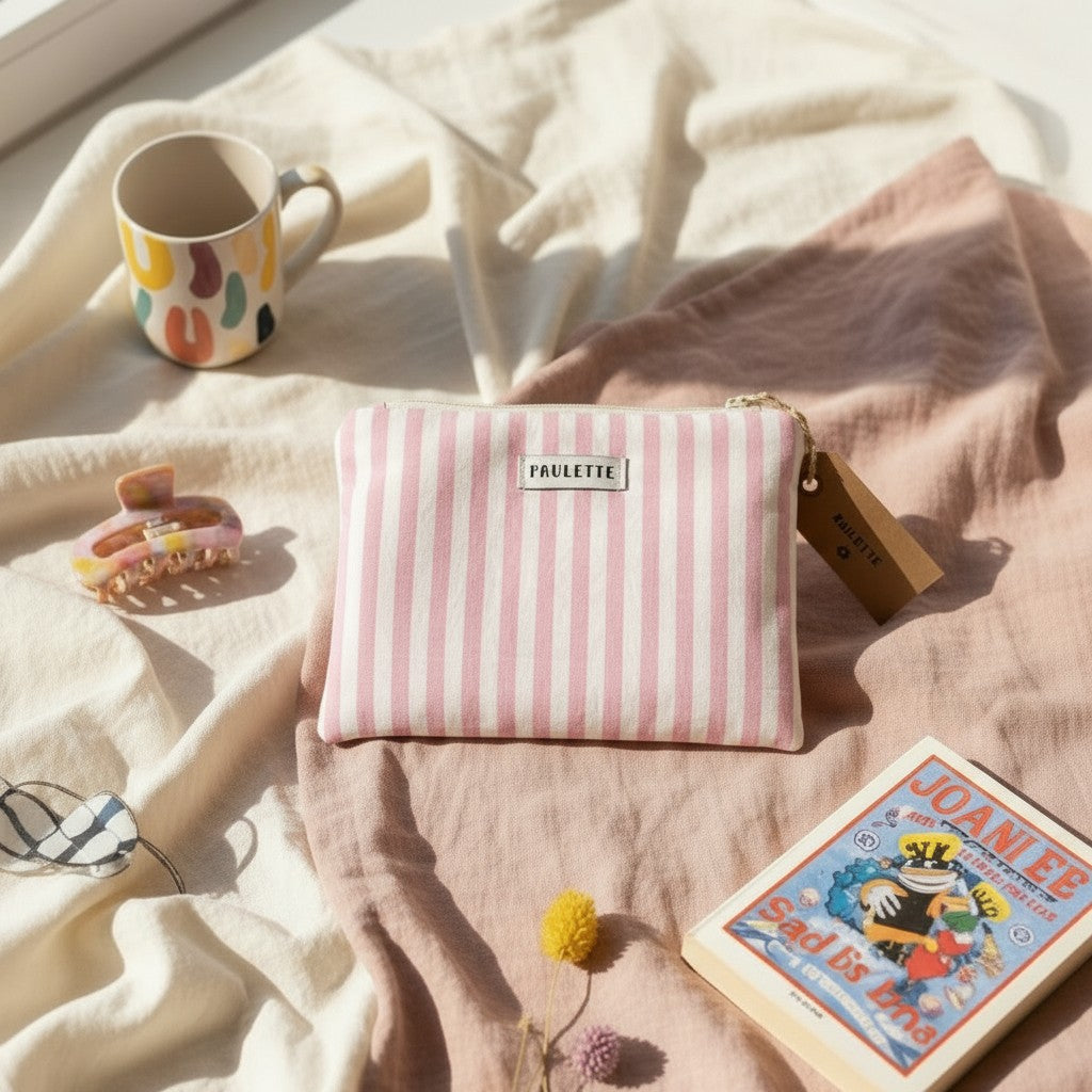 Petite pochette - tissu vintage rayures roses