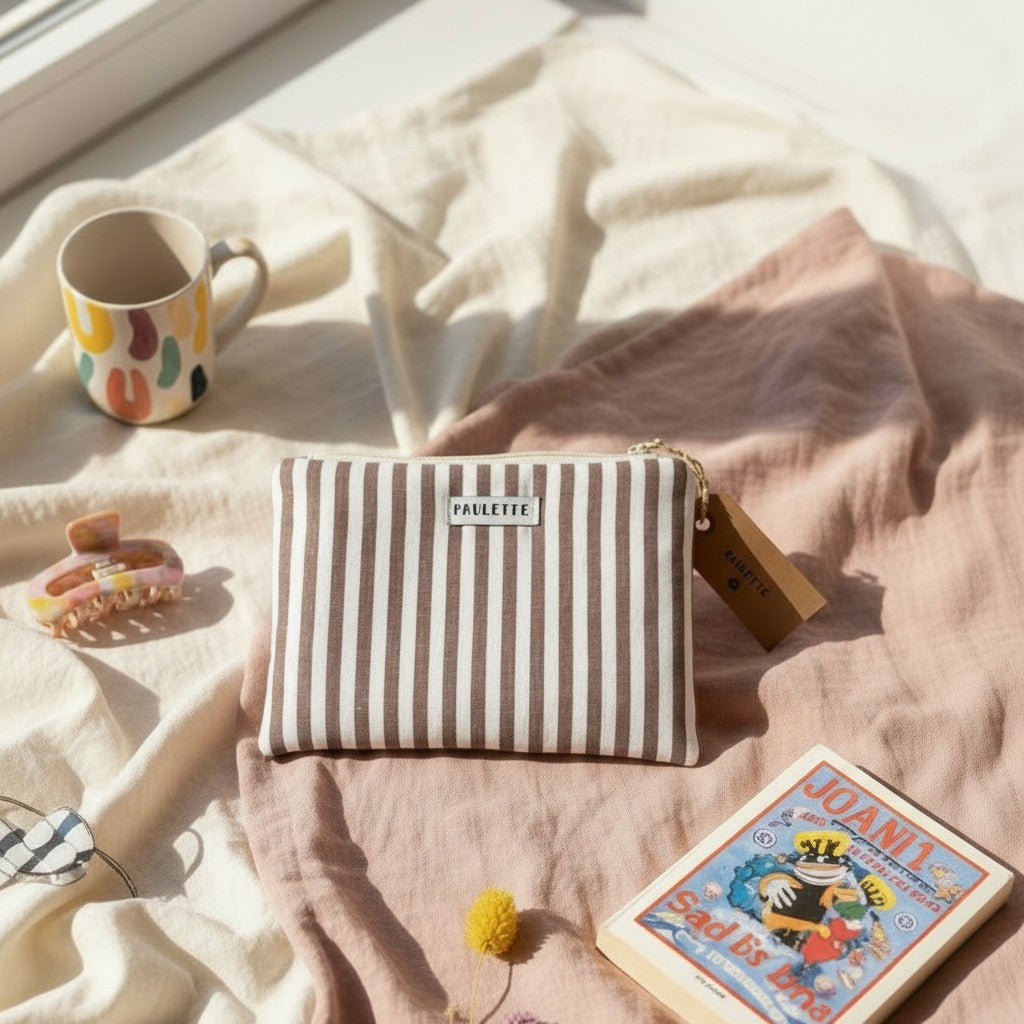 Petite pochette - tissu vintage rayures marron