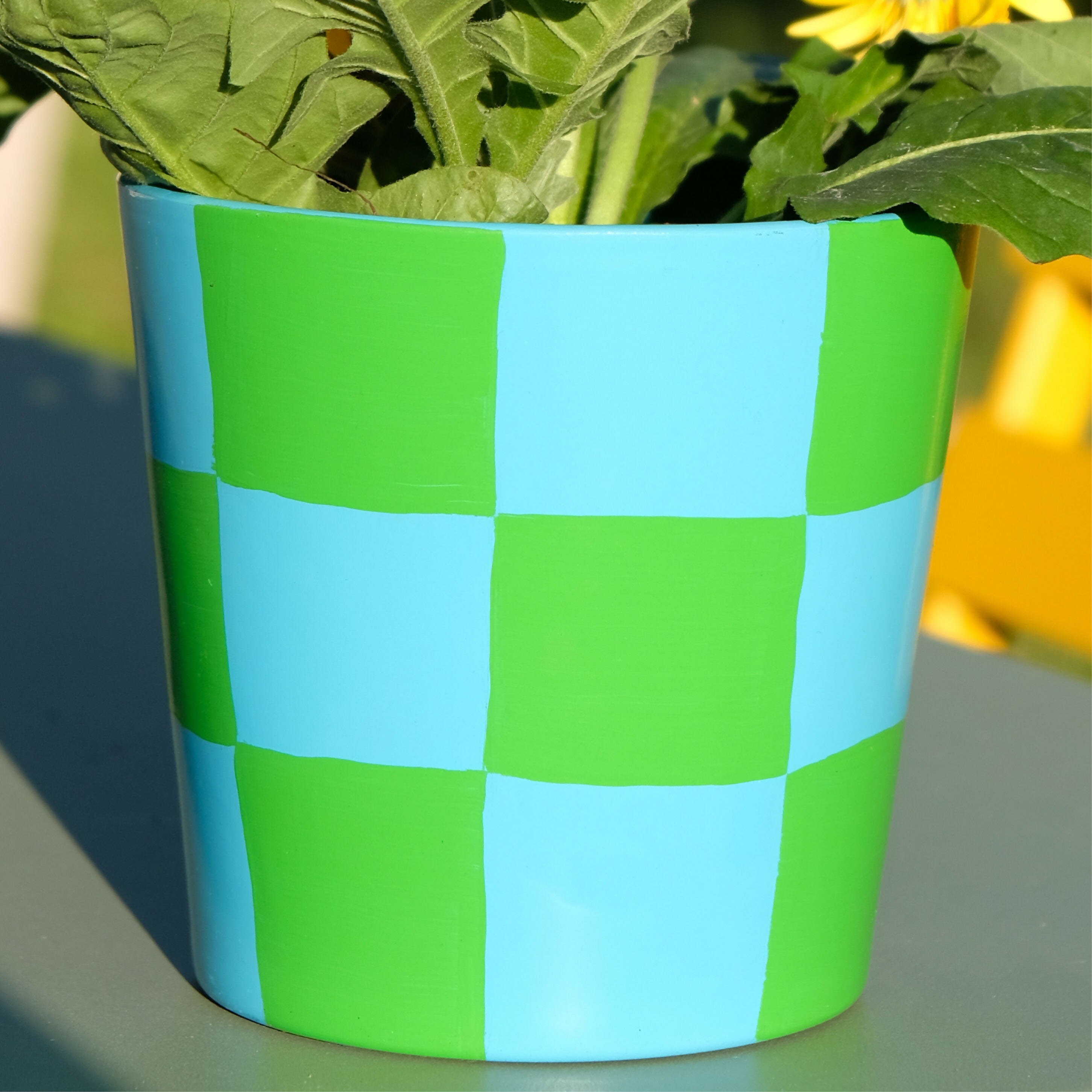 Pot de fleurs/cache pot à motif damier vert et bleu