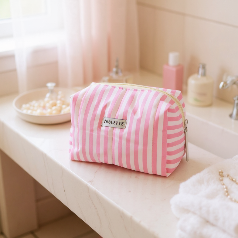 Trousse de toilette upcyclée - rayée rose et blanc