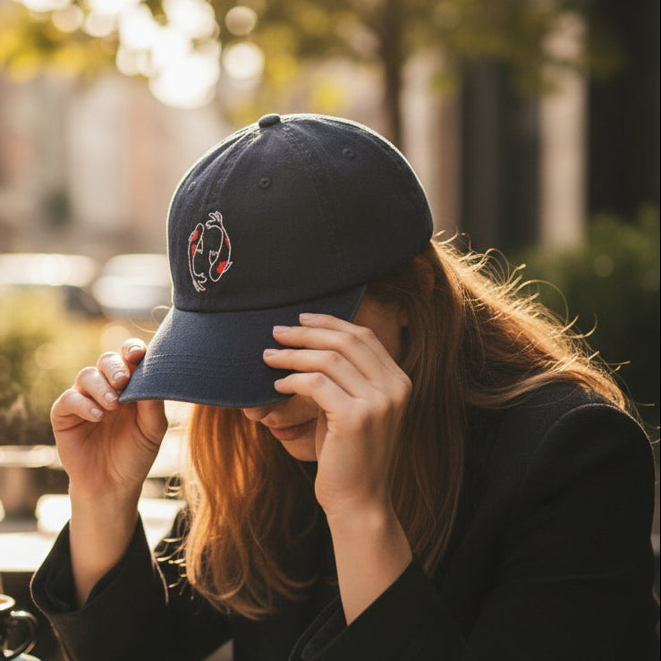 Casquette bleue marine brodée carpes koï