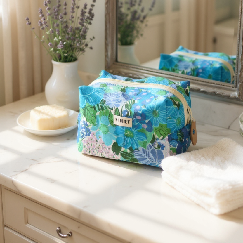 Trousse de toilette upcyclée - fleurs vintage bleu et verte