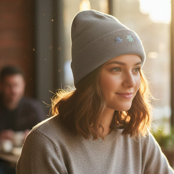 Bonnet gris brodé fleurs bleues