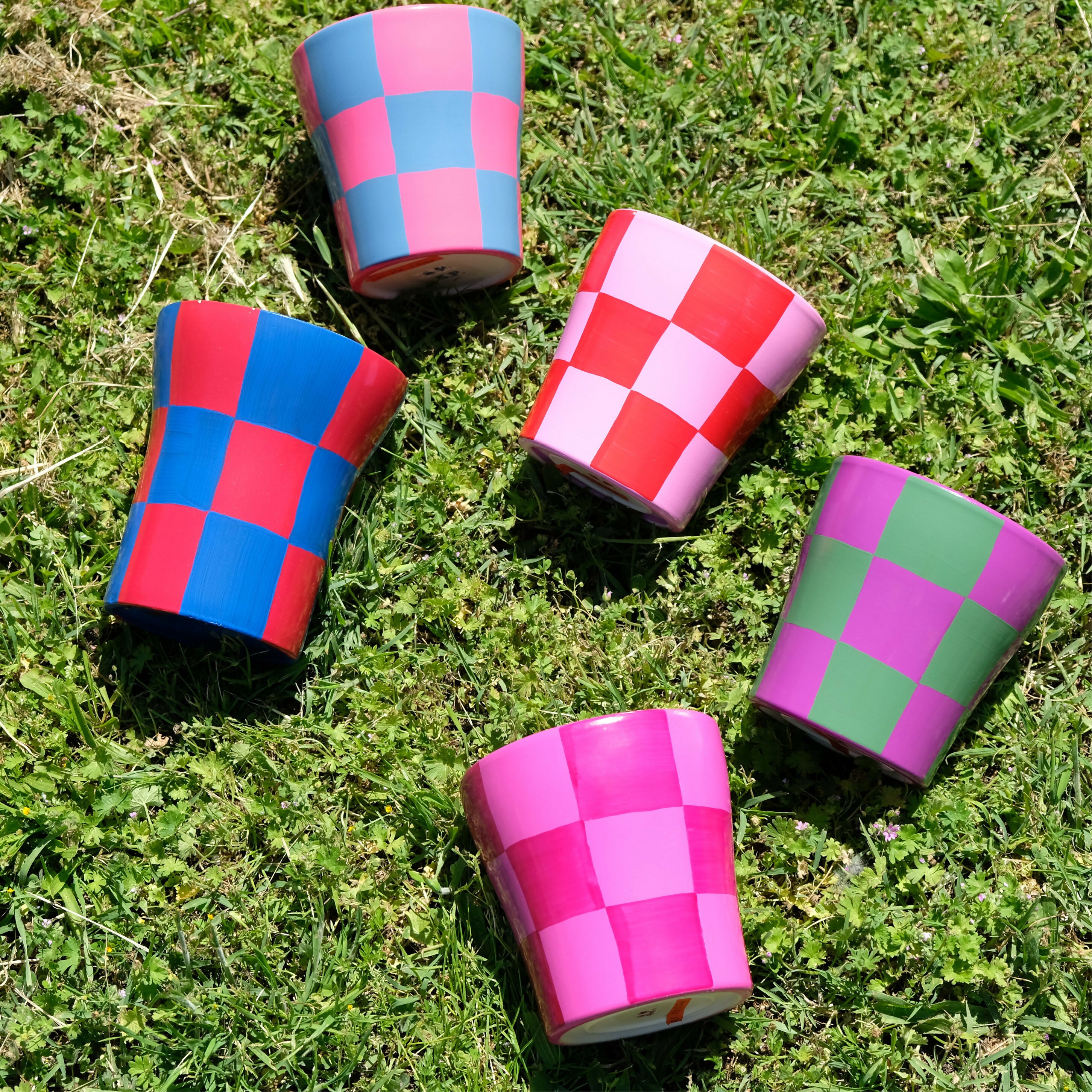 Pot de fleurs/cache pot à motif damier vert et violet