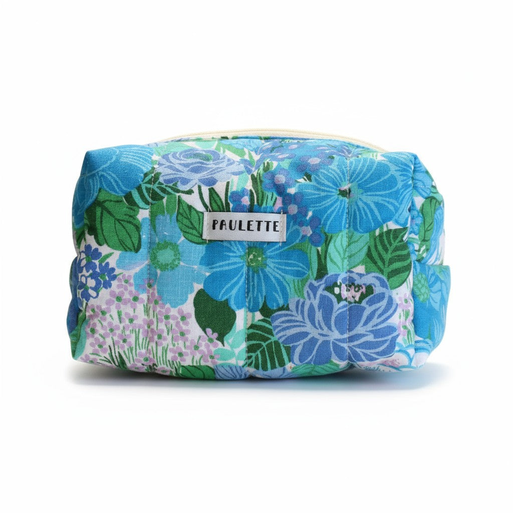 Trousse de toilette upcyclée - fleurs vintage bleu et verte