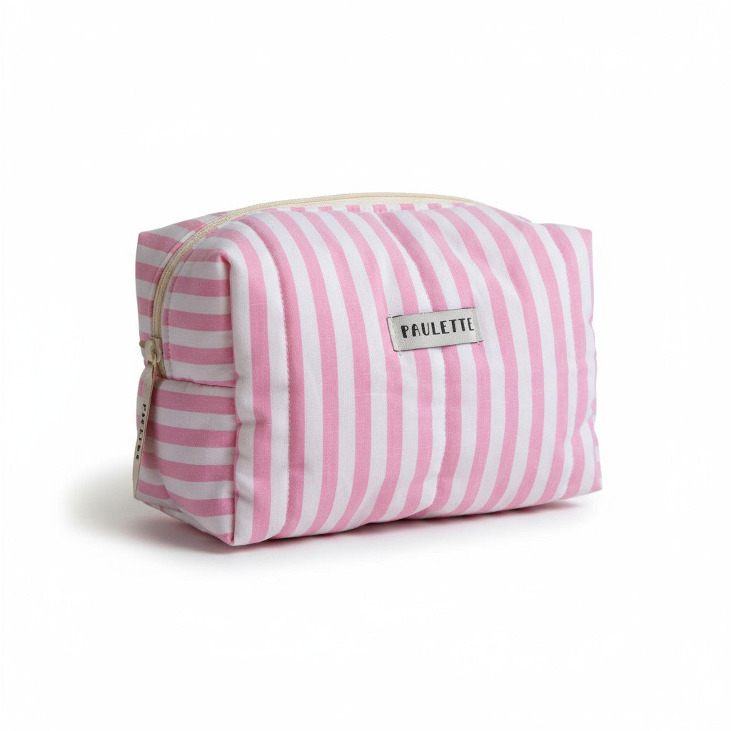 Trousse de toilette upcyclée - rayée rose et blanc