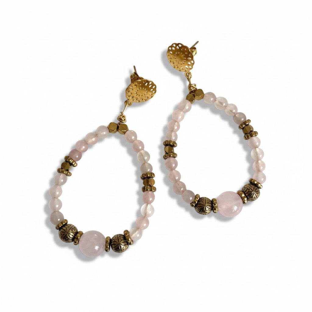 Boucles d'oreilles - ARYA - Quartz rose & Hématites dorées