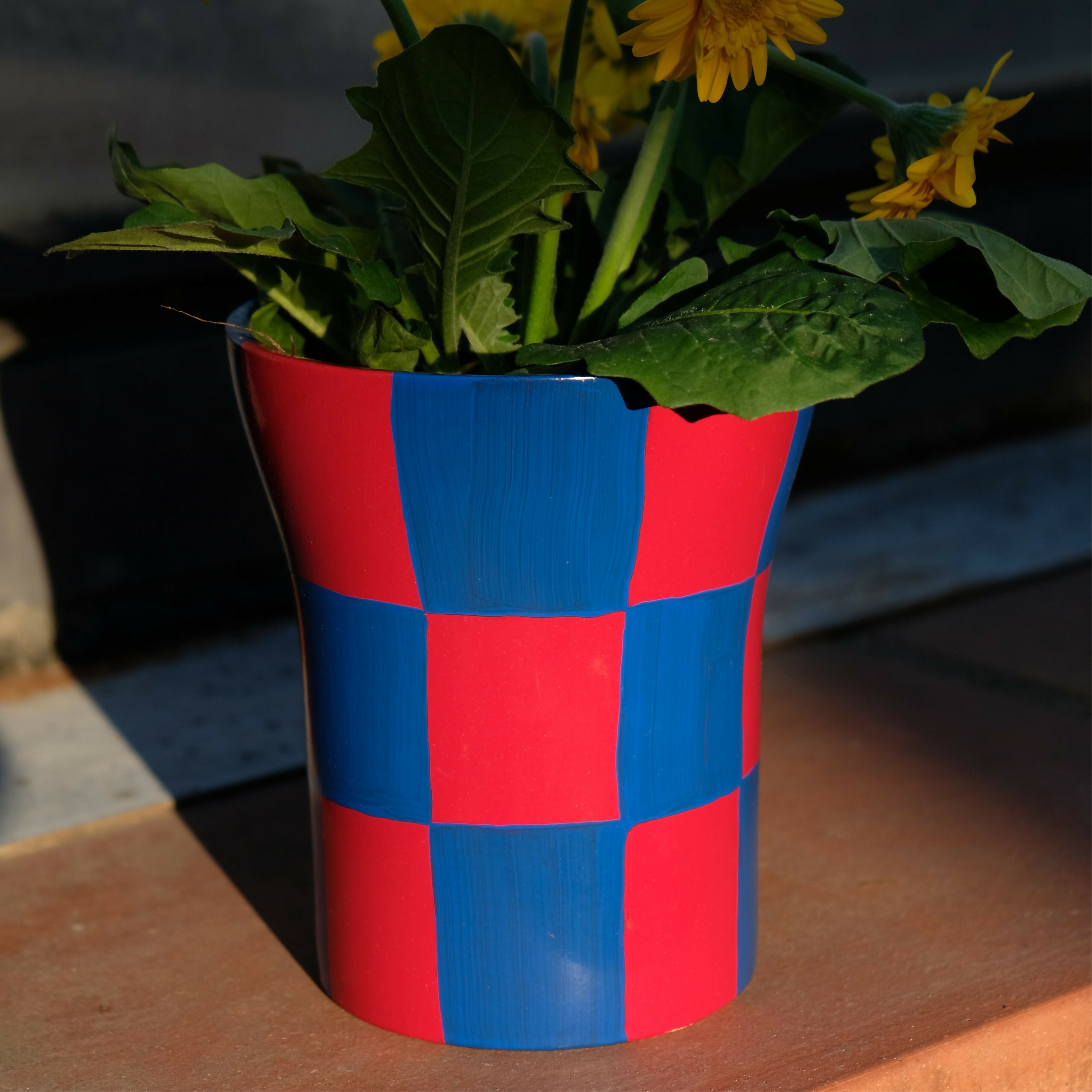 Pot de fleurs/cache pot à motif damier rouge et bleu