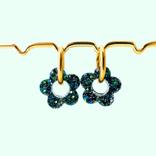 Créoles Interchangeables à Paillettes - Fleur - Mélange de Bleu/Vert