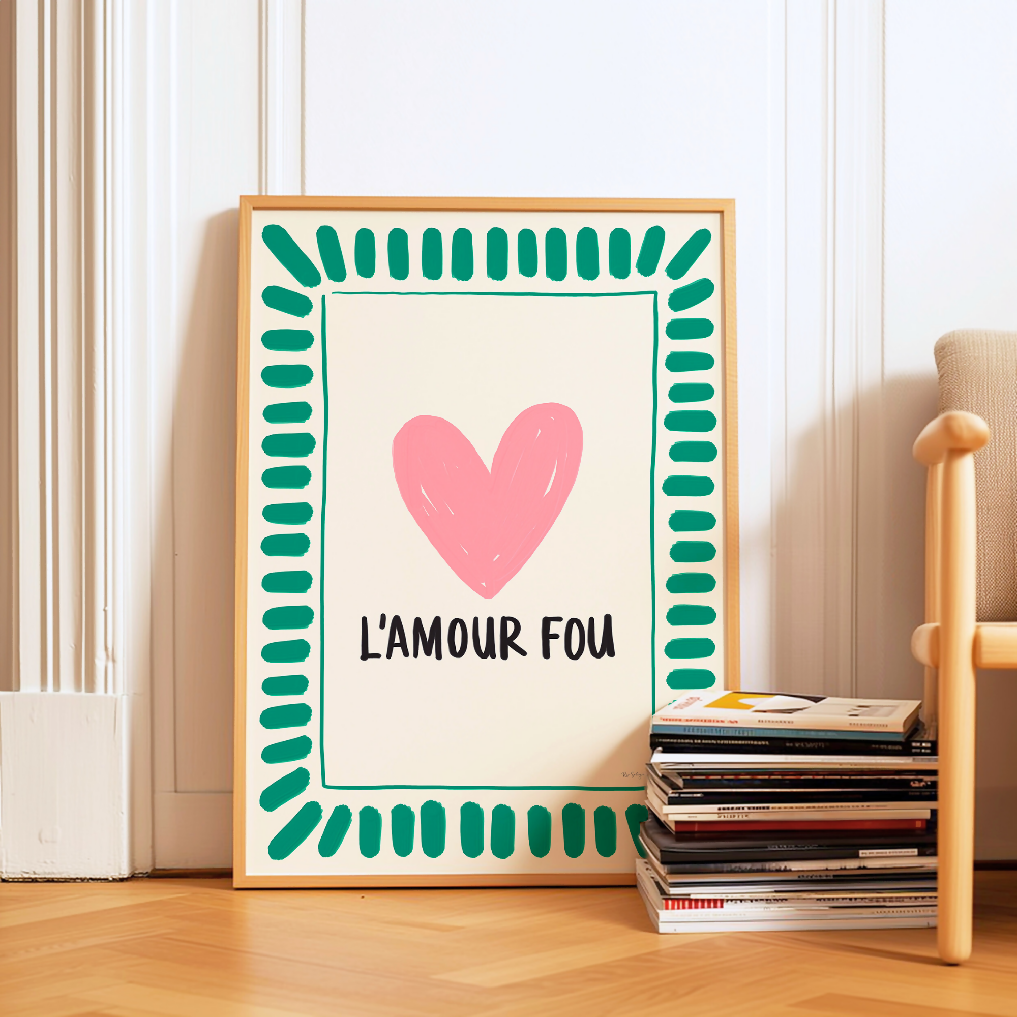 Affiche « L’Amour Fou » — Poster cœur coloré, illustration love, déco dopamine (vert/rose)