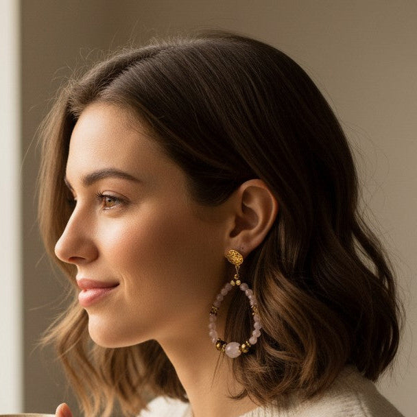 Boucles d'oreilles - ARYA - Quartz rose & Hématites dorées