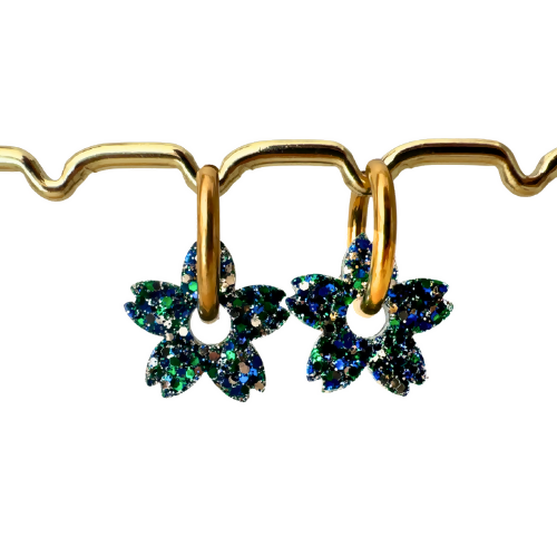 Boucles d'oreilles à paillettes - Fleur de Tiaré - Mélange Bleu/Vert/Doré