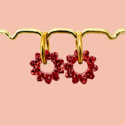Boucles d'Oreilles Créoles -Marguerites - Rouge