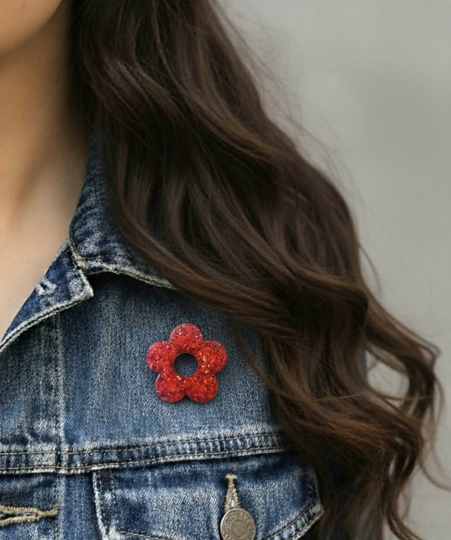 Pin's à paillettes en forme de Fleur - Rouge