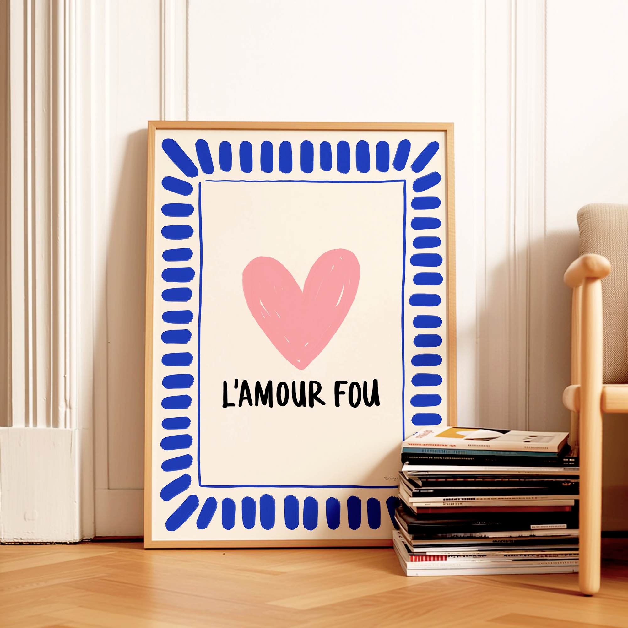 Affiche « L’Amour Fou » — Poster cœur coloré, illustration love, déco dopamine (bleu/rose)