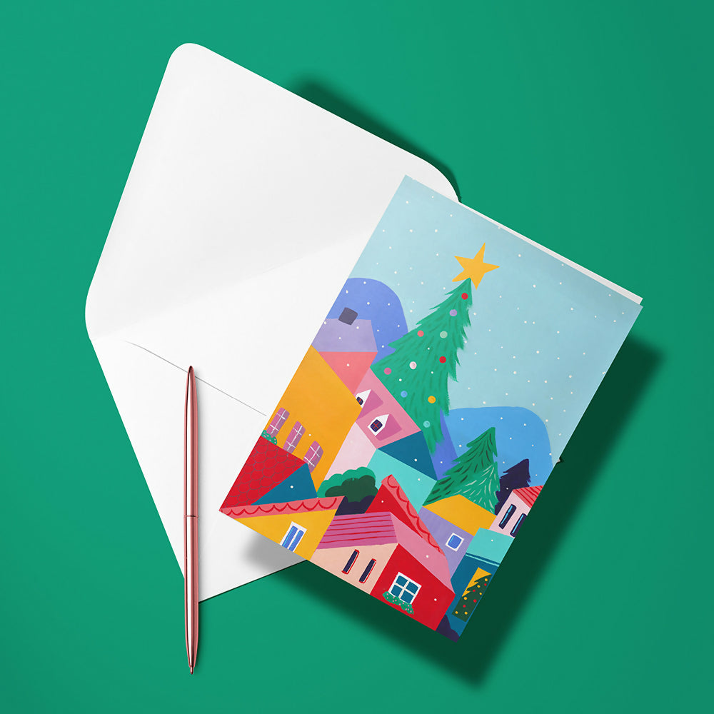 Carte pliée – Village de Noël fleuri