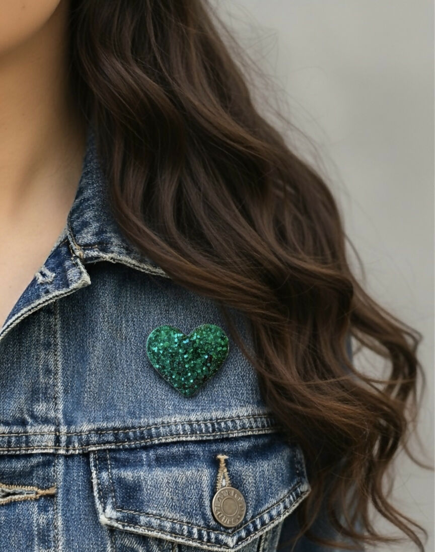 Pin's/Broche à paillettes en forme de Coeur -Emeraude