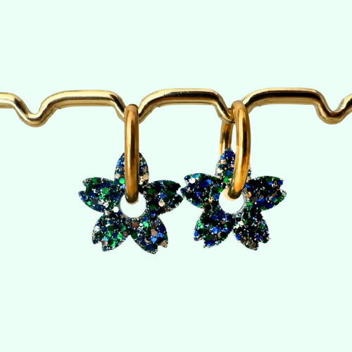 Boucles d'oreilles à paillettes - Fleur de Tiaré - Mélange Bleu/Vert/Doré