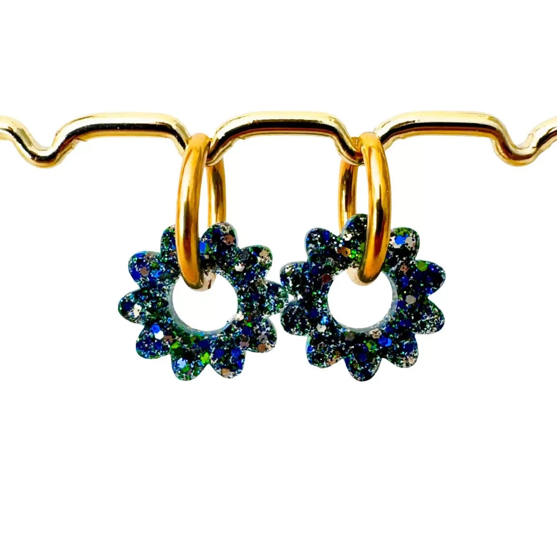 Boucles d'Oreilles Créoles - Marguerites - Mélange Bleu/Vert/Or