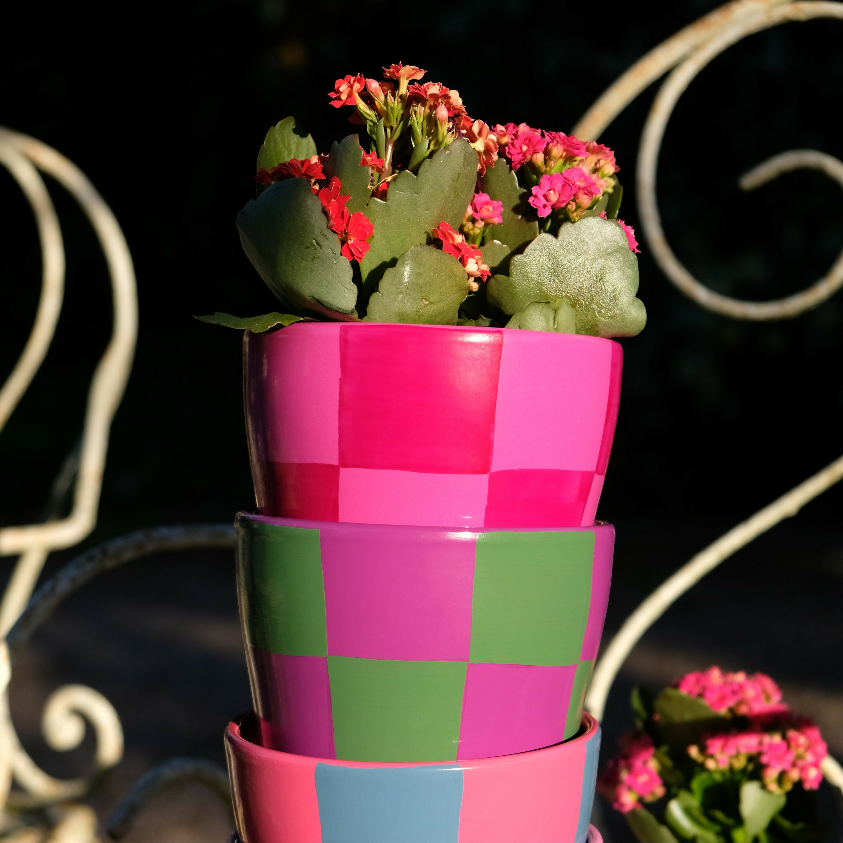 Pot de fleurs/cache pot à motif damier rose et framboise