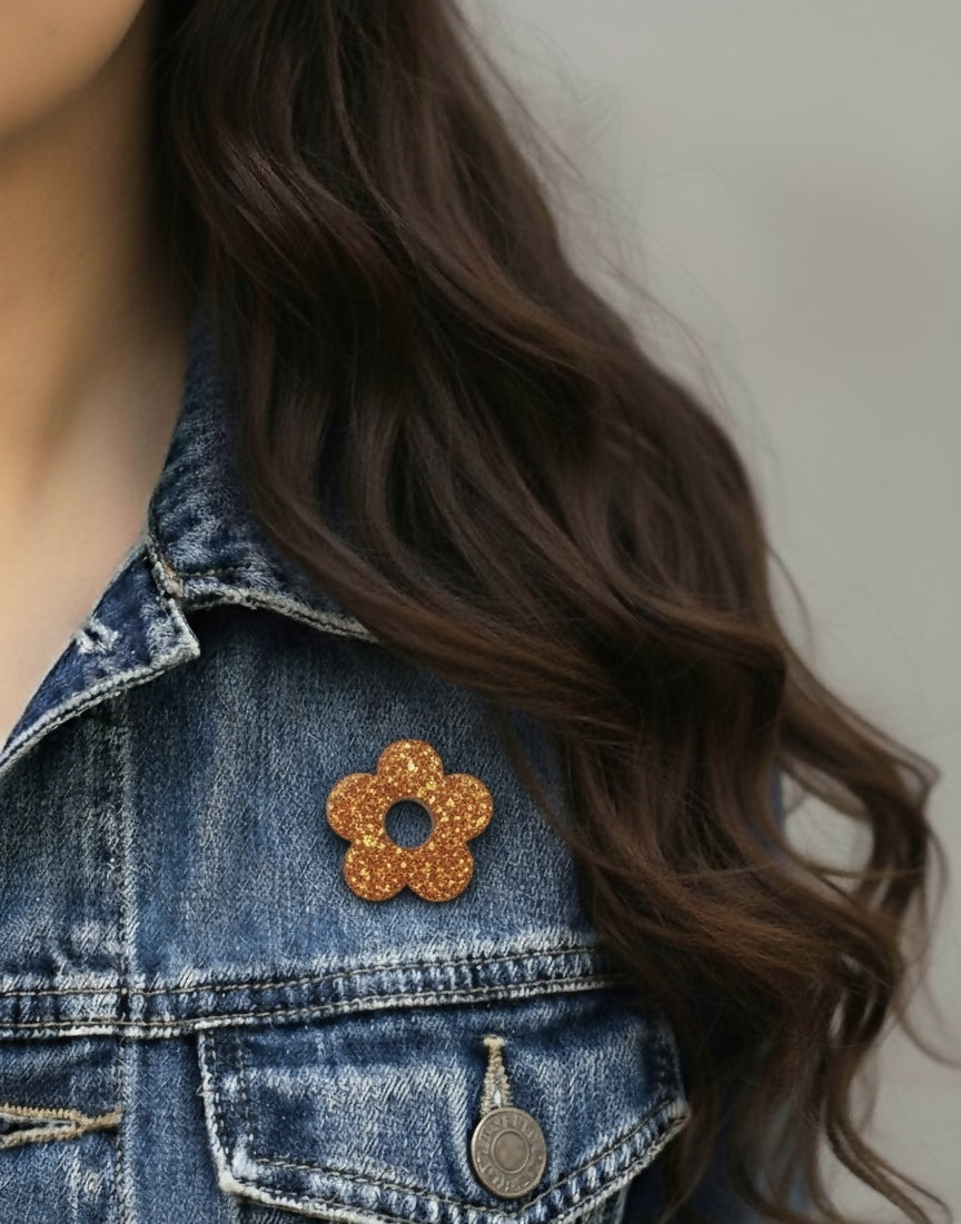 Pin's à paillettes en forme de Fleur - Orange