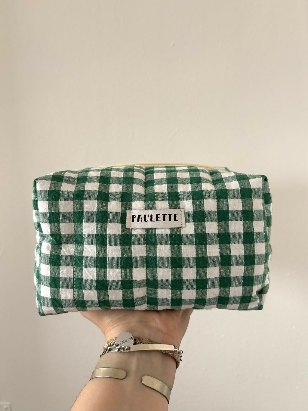 Trousse de toilette vichy vert - pièce unique upcyclée