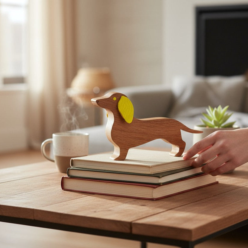 Teckel décoratif en bois et cuir