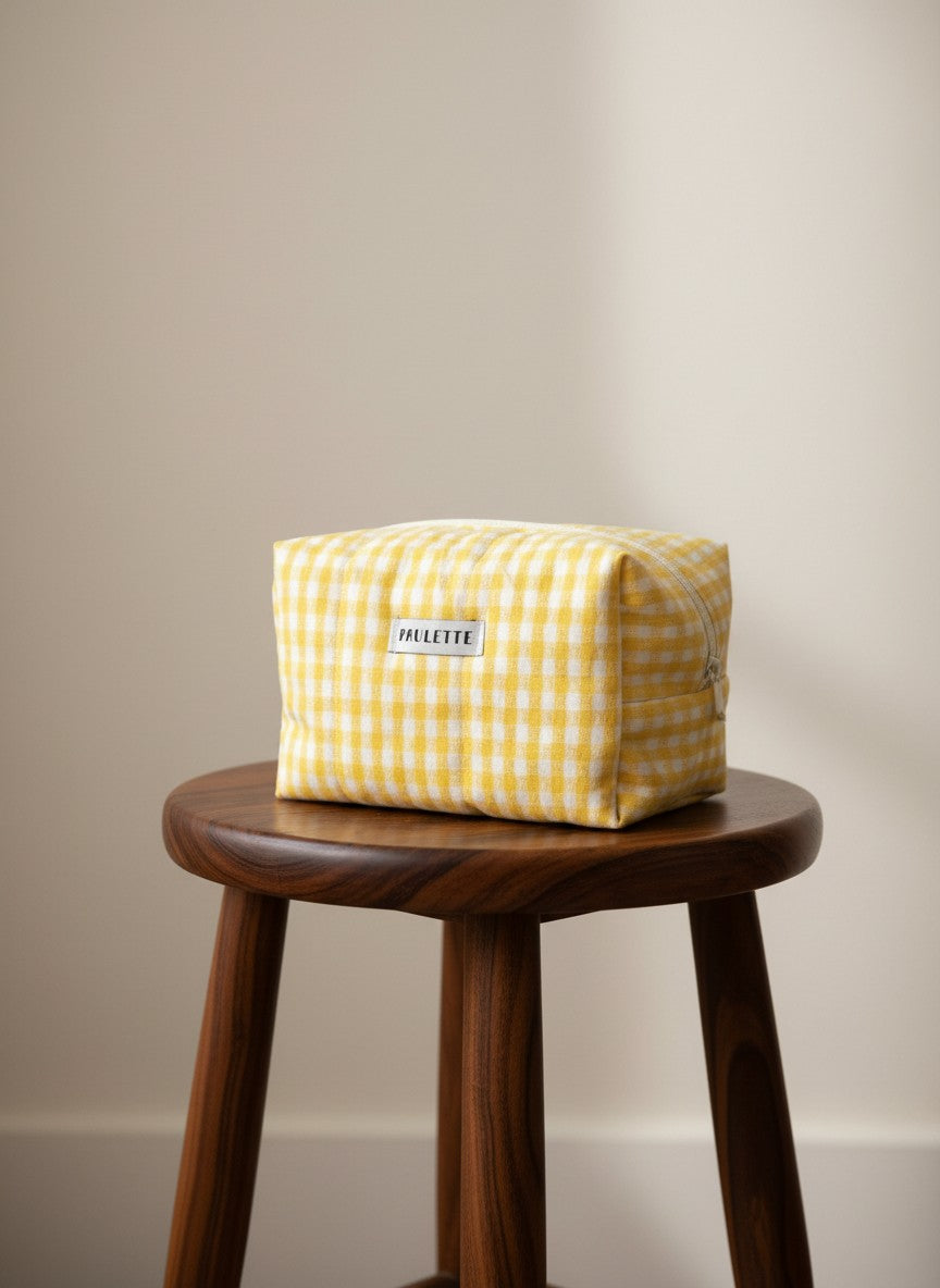 Trousse de toilette vichy jaune - pièce unique upcyclée