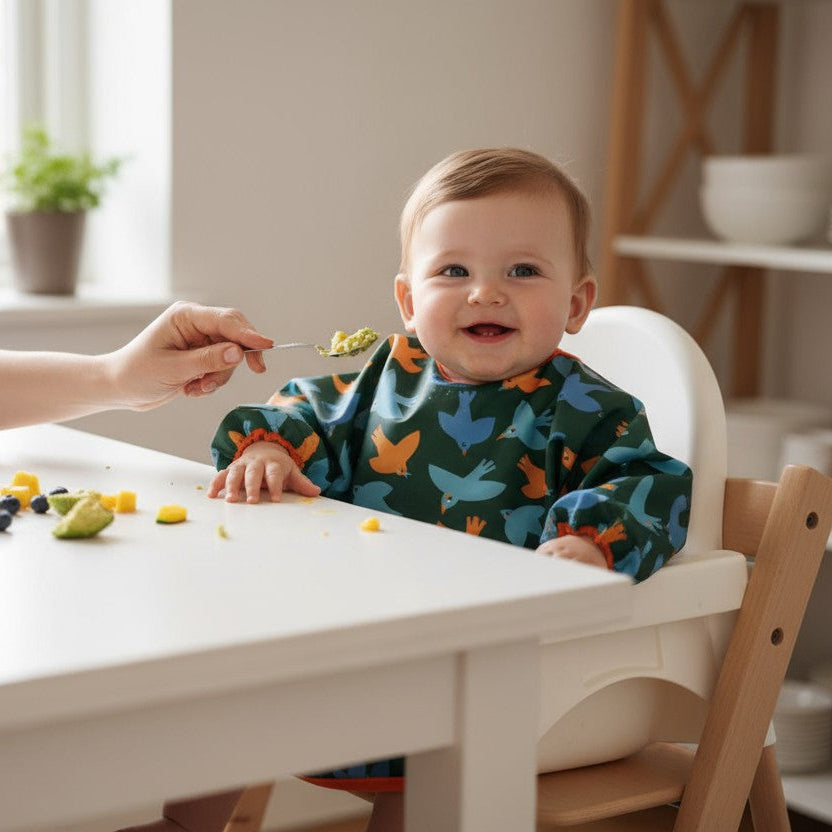 Tablier imperméable bébé – Manches longues – Anti-taches – Motif oiseaux