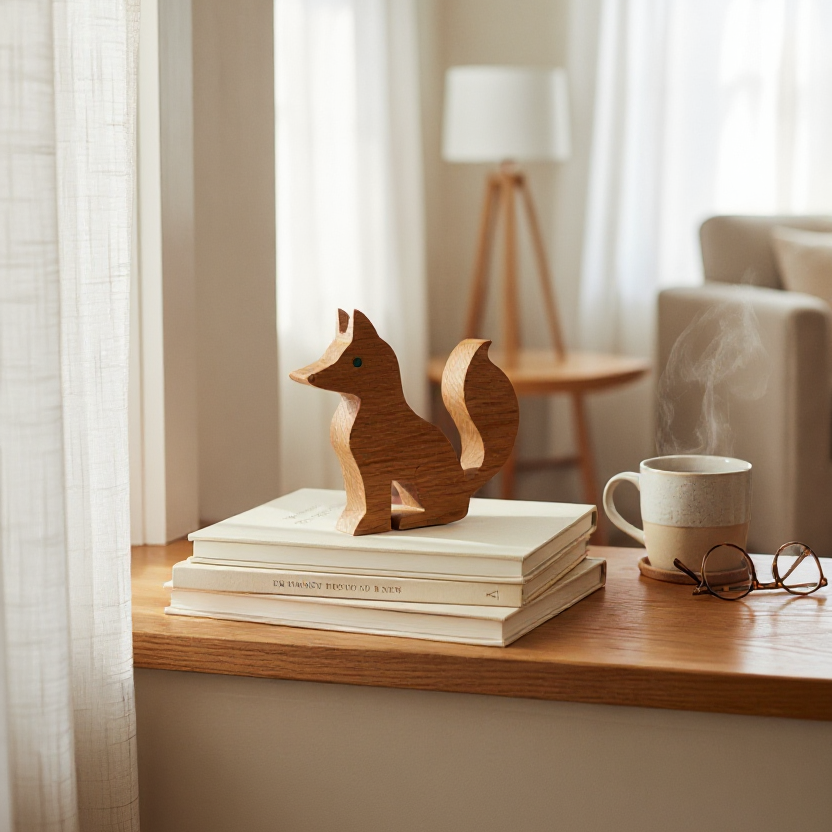 Renard décoratif en bois et cuir