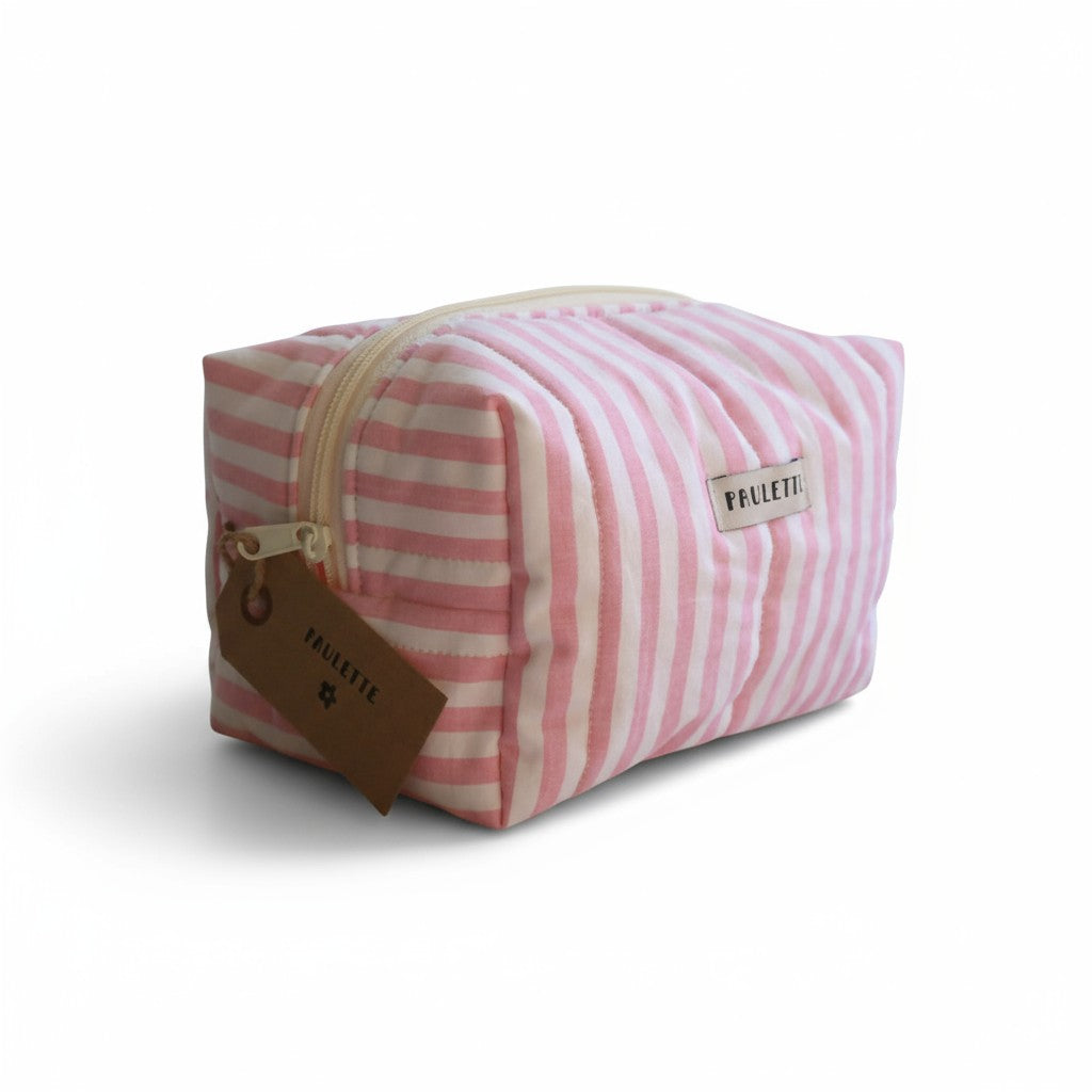 Trousse de toilette upcyclée - rayée rose et blanc