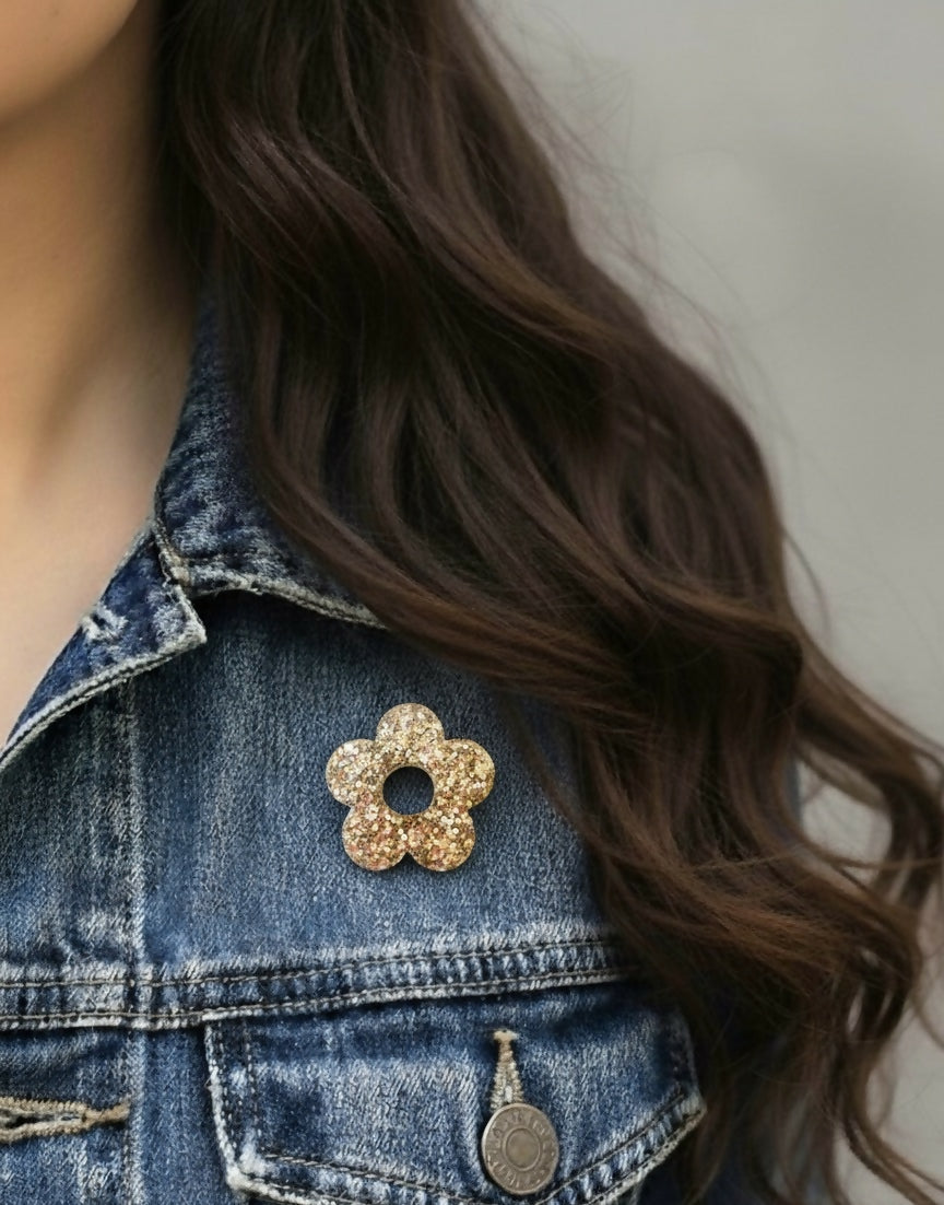 Pin's à paillettes en forme de Fleur - Doré