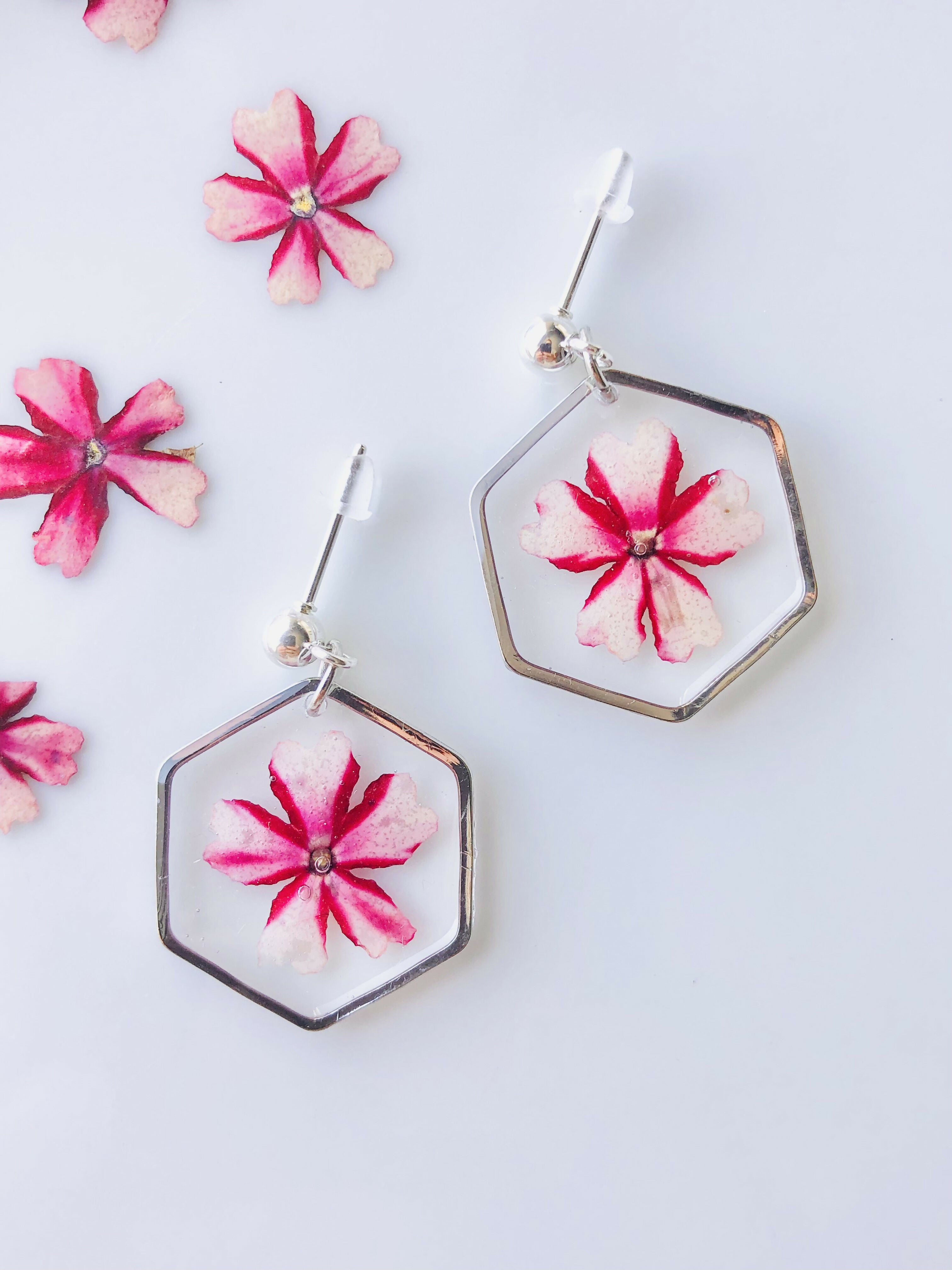 Boucles d'oreilles fleur de verveine rose