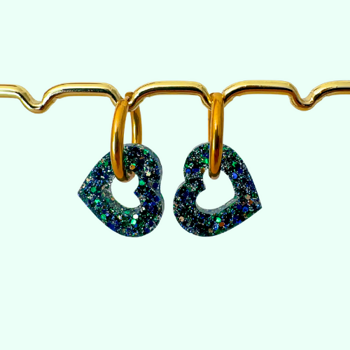 Boucles d'oreilles à paillettes - Coeur - Vert Doré Bleu